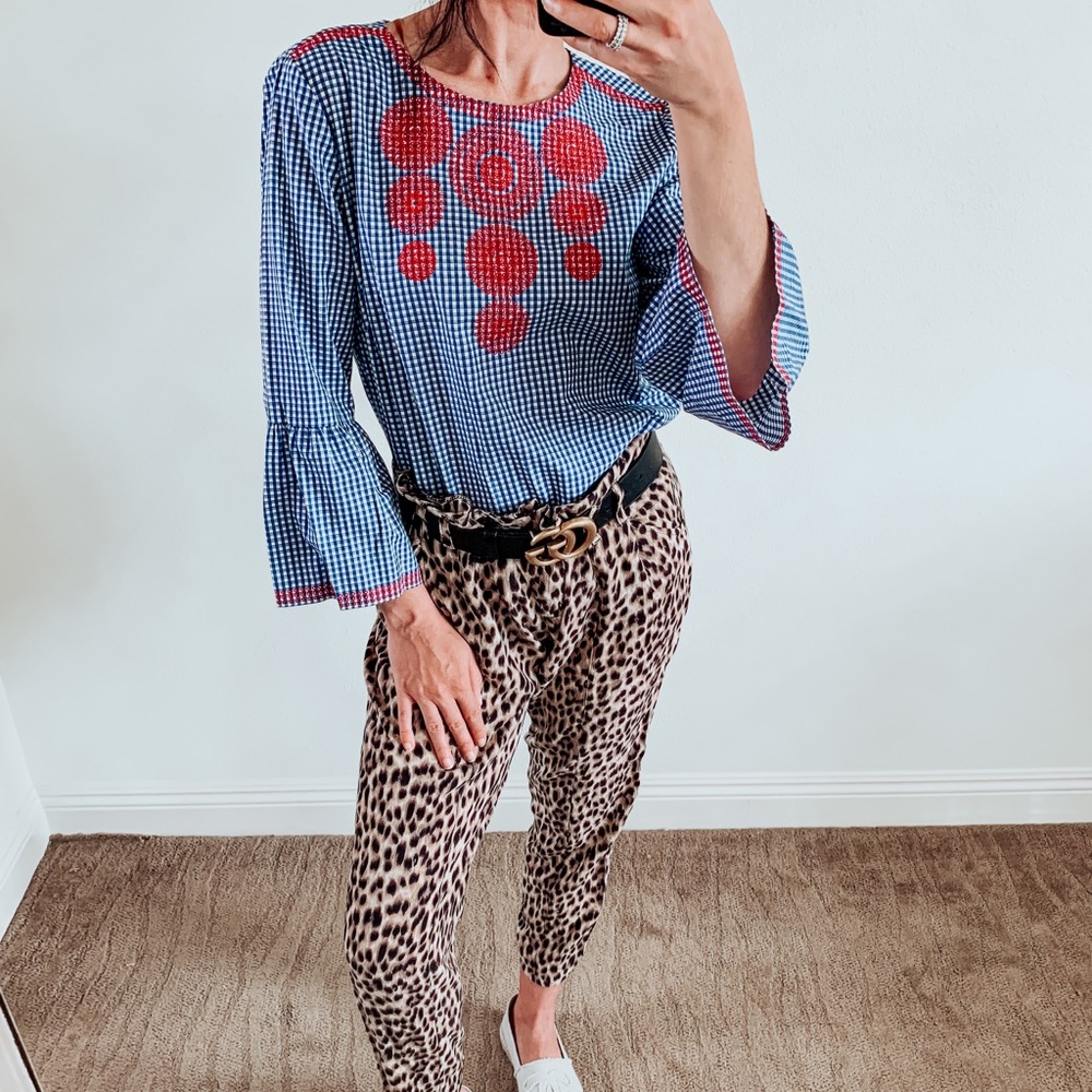 Gingham Bell Sleeve Peasant Top with red Macramé